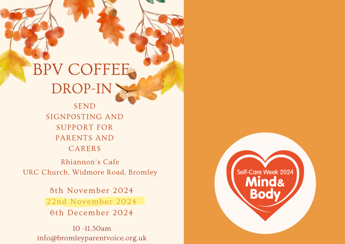 poster for Bromley Parent Voice coffee drop in for parents and carers of children with SEND