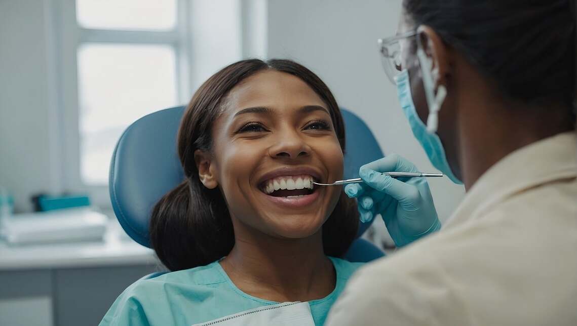 A woman smiling as she sits facing the camera in a dentist chair whilst the dentist has an instrument next to her mouth and their back to the camera