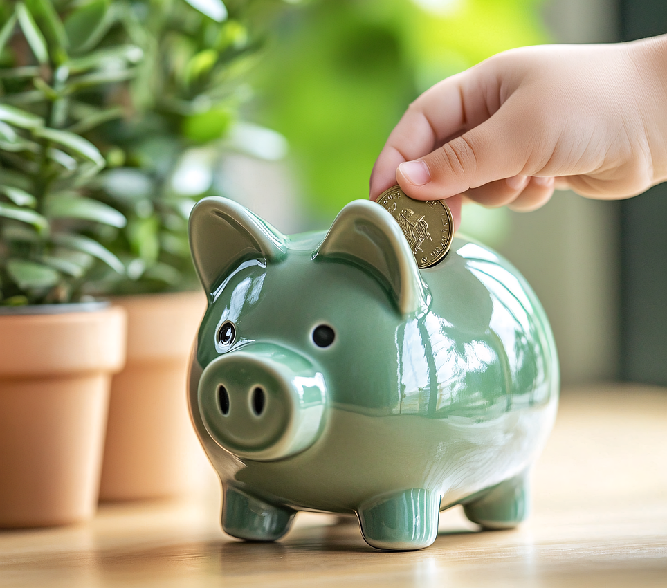  A hand putting a coin into a green piggy bank on a wooden table with green plants in the background