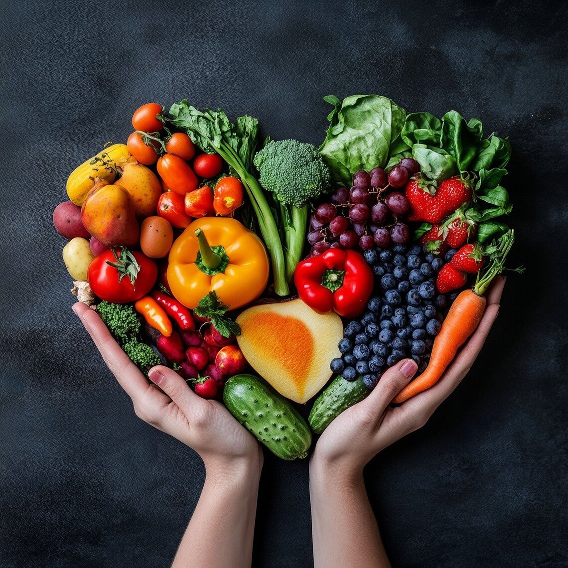 A pair of hands holding a heart made out of fruits and vegetables on a dark background