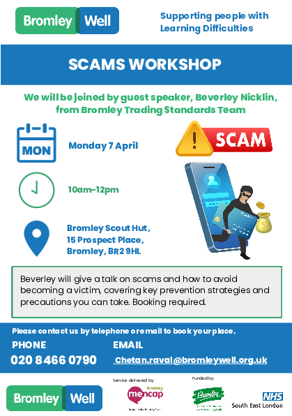 A flyer for the LD Scams Workshop on Monday 7th April