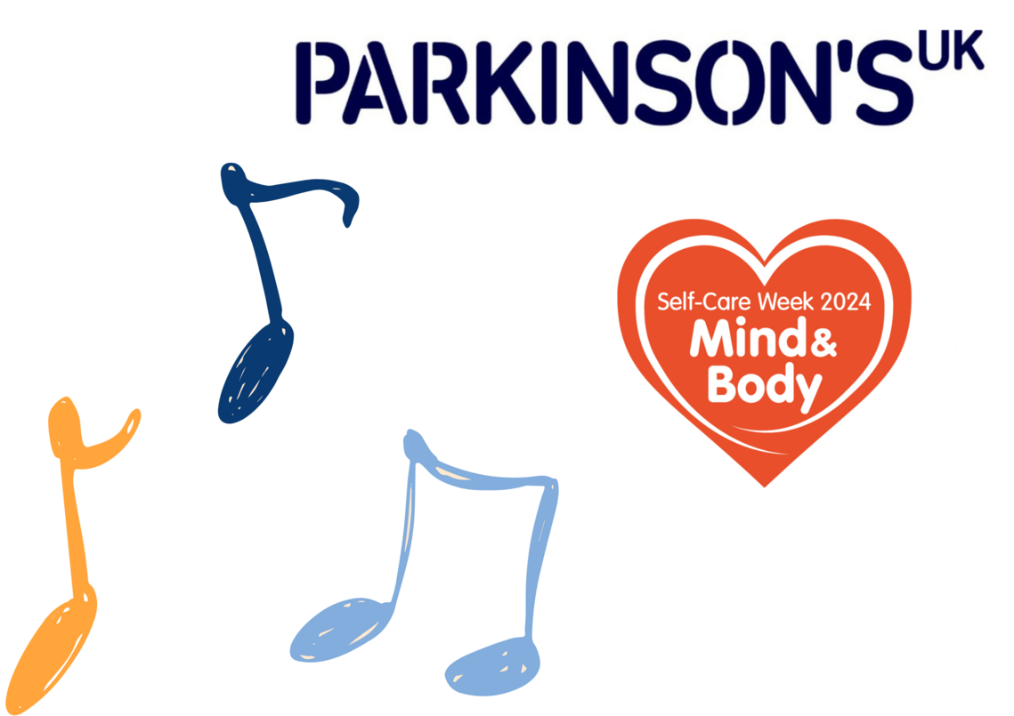 3 music notes on white background with Parkinsons UK logo and Self care week logo