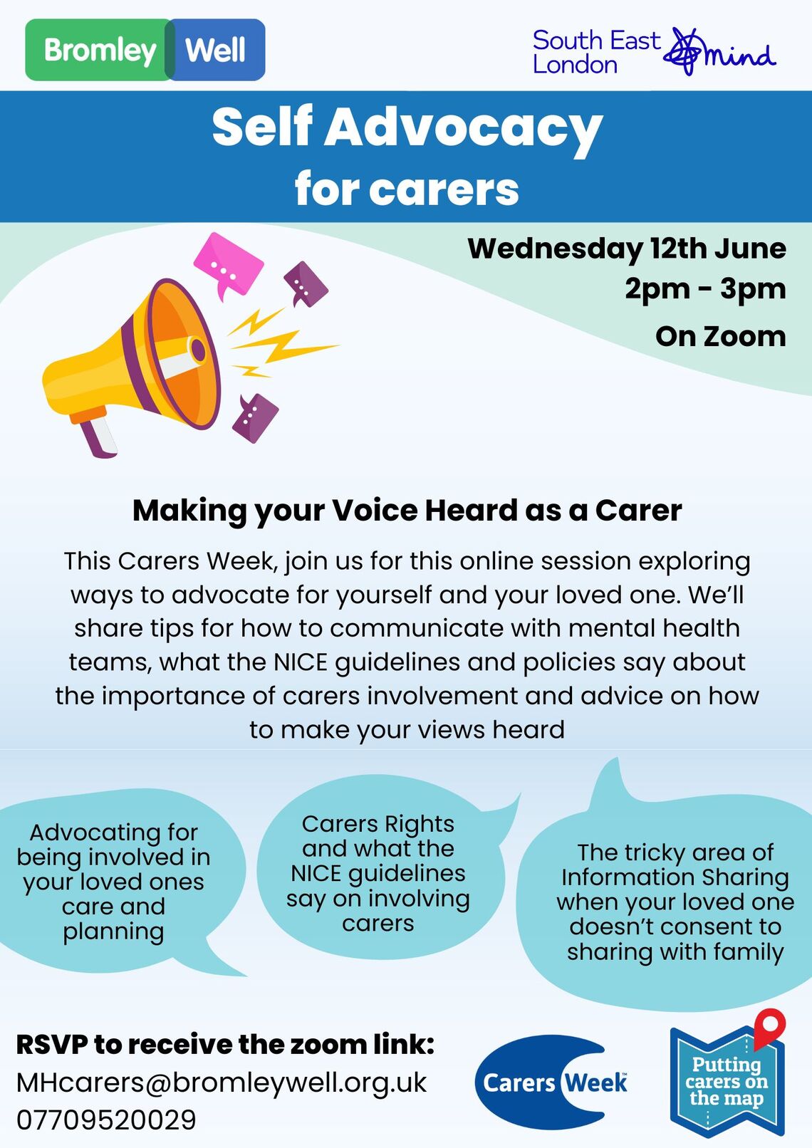 Advert for a carers self-advocacy event