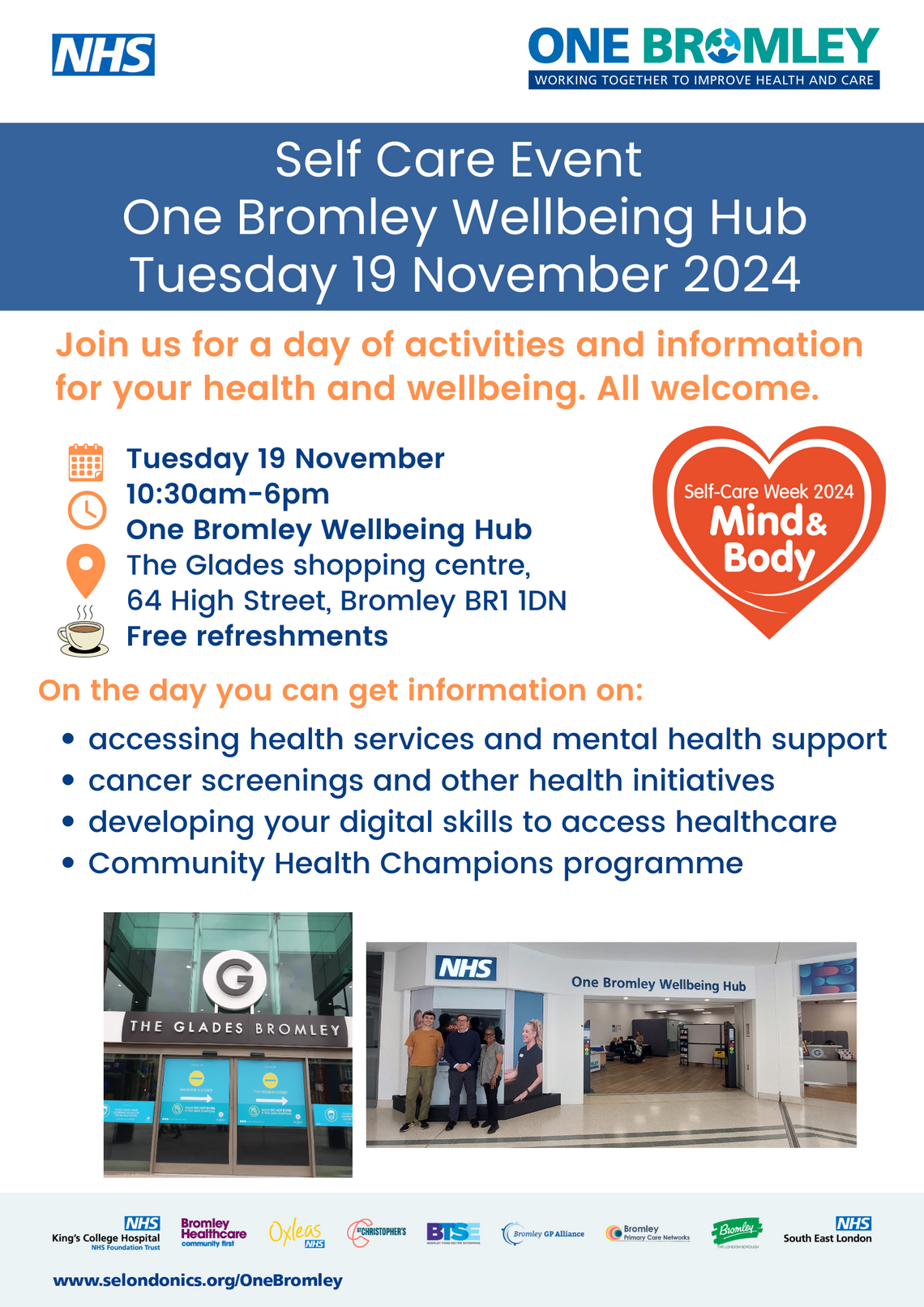 poster for self care event at One Bromley hub