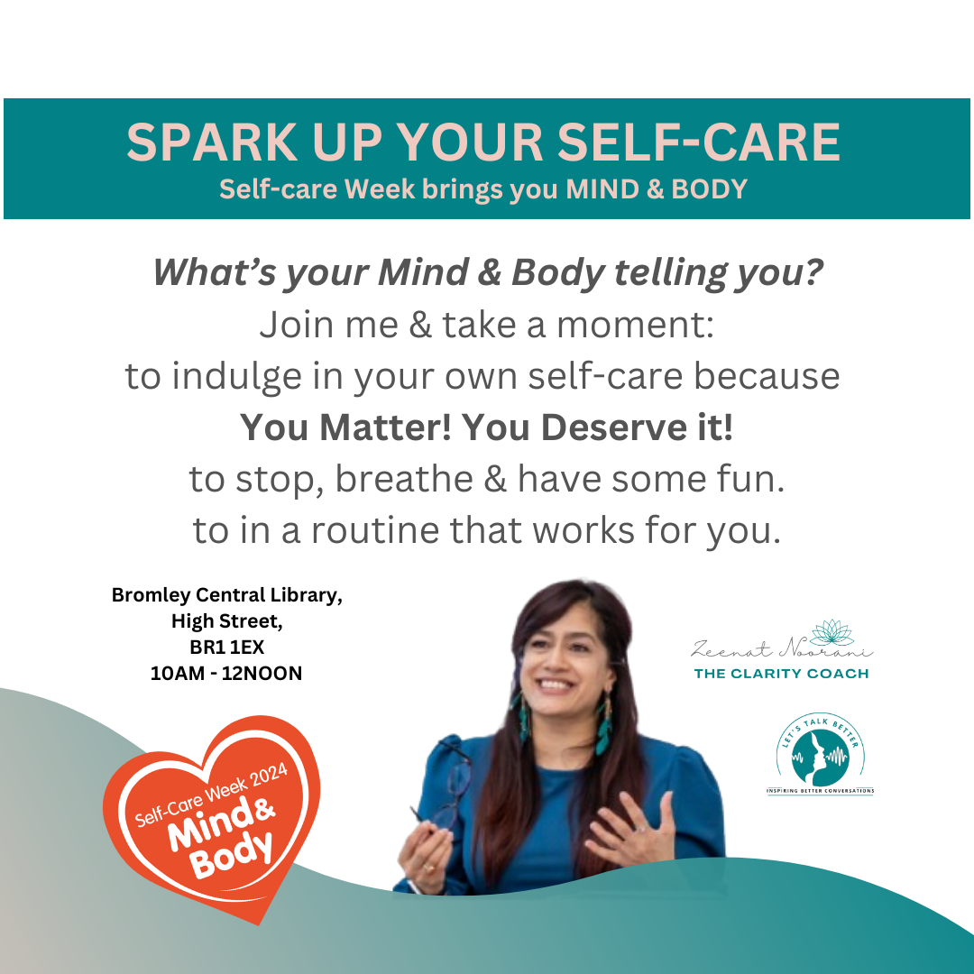 Poster for self care event by The Clarity coach showing a photo of the facilitator and the times and location