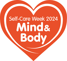 A red heart shape on a white background that reads &#39;Self Care Week 2024, Mind and Body&#39;