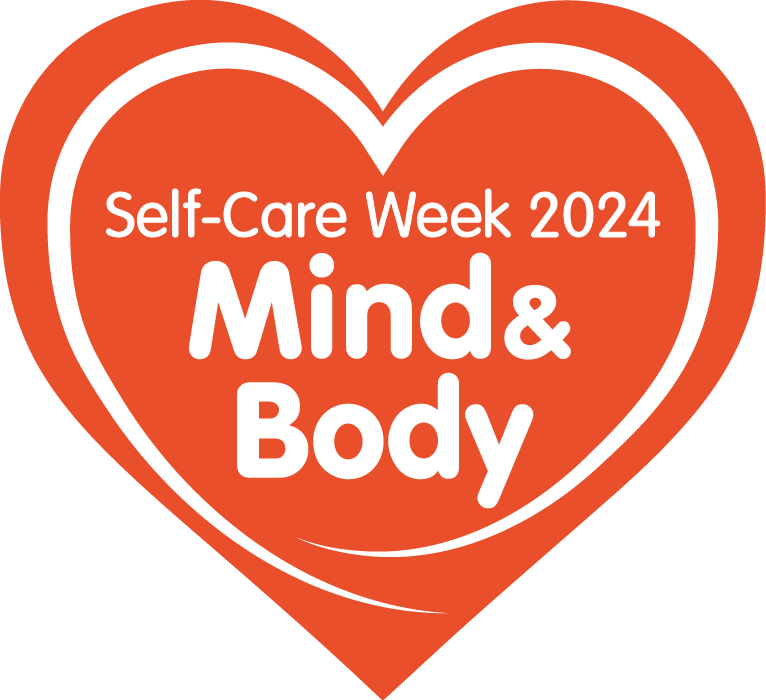 self care week heart logo 2024 - a red heart with white text on it saying self care week