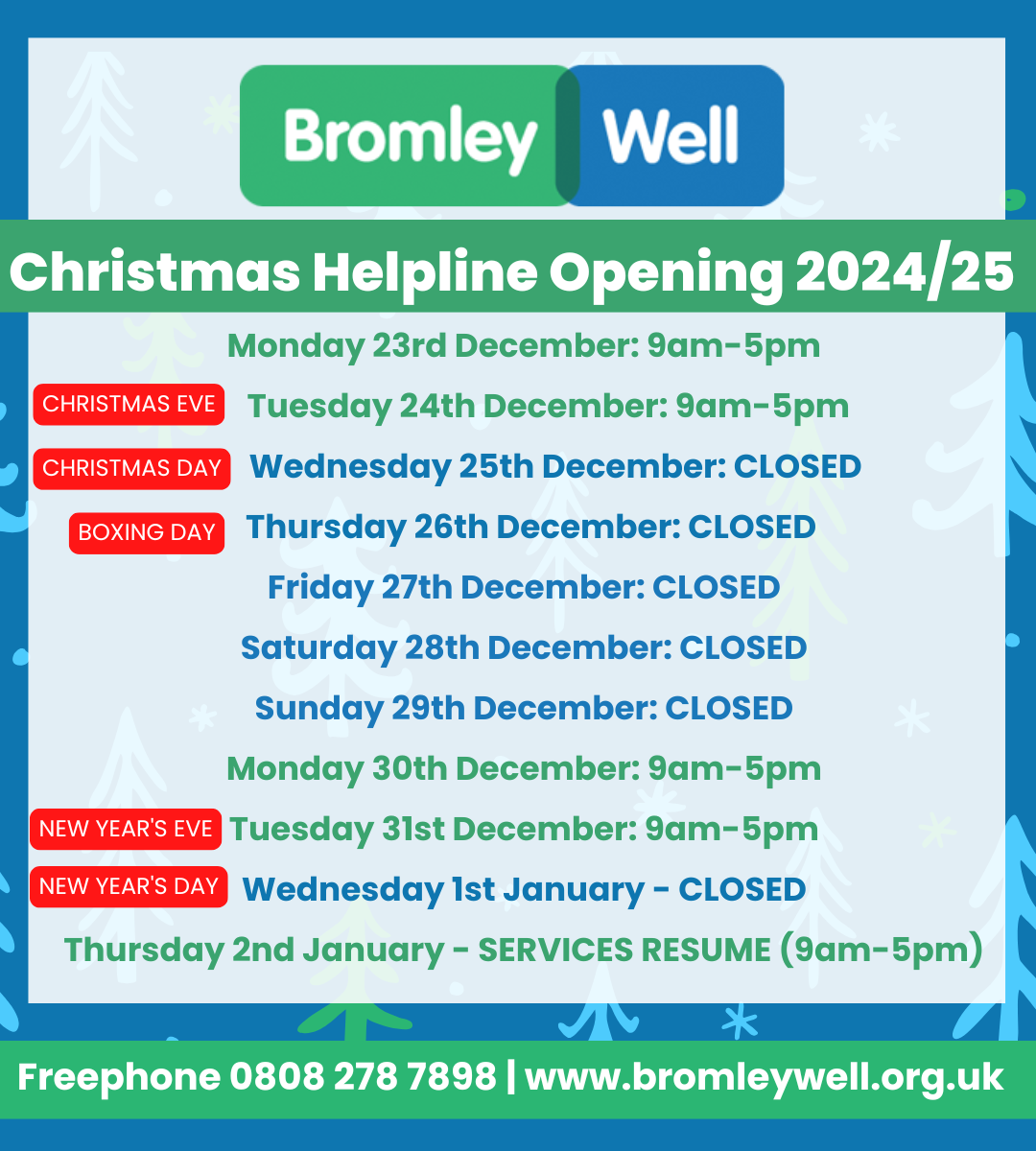 poster with Bromley Well opening times xmas 24 25